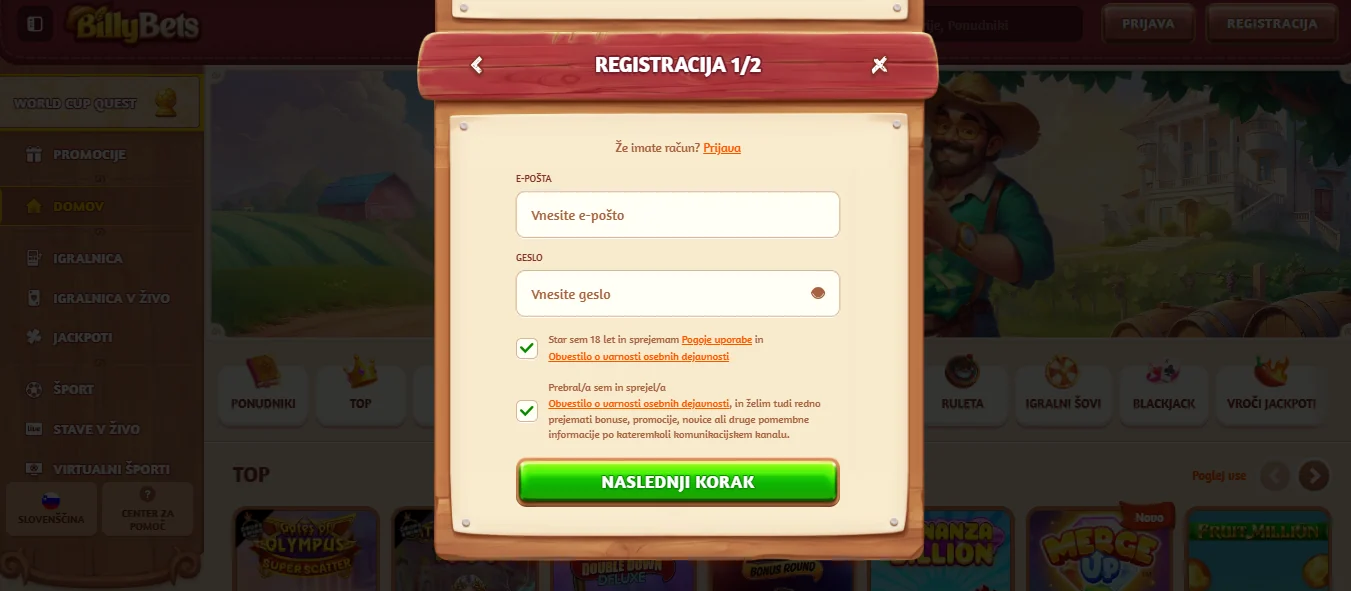 billybets obrazec registracije